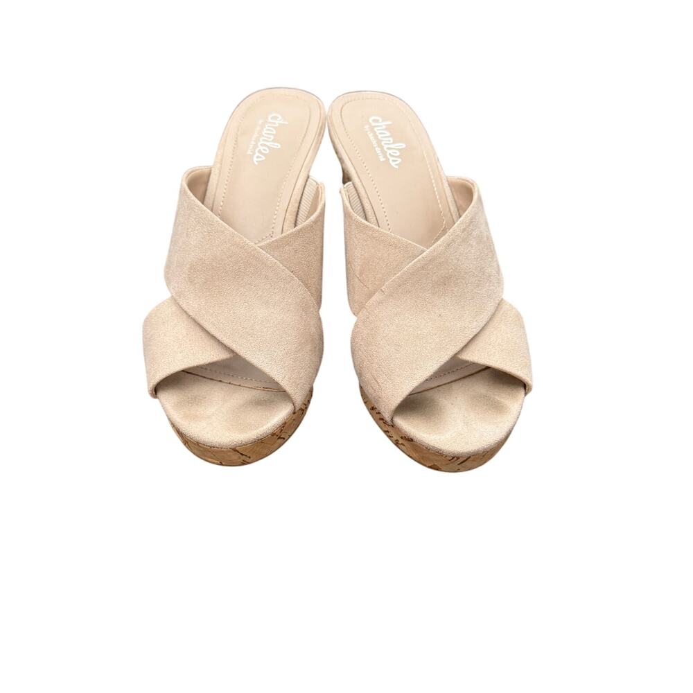 Charles by Charles David Latrice Wedge Sandals 7 Beige Suede Cork Platform Slide